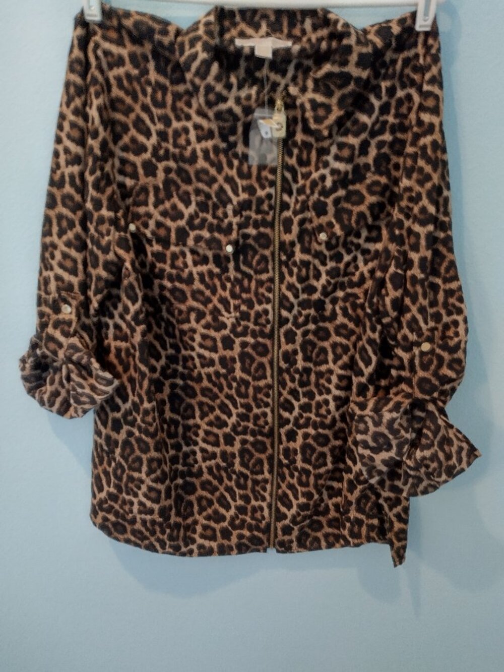 Michael Kors Full Zip Shirt Black/Brown Leopard Roll Tab Sleeves 2X